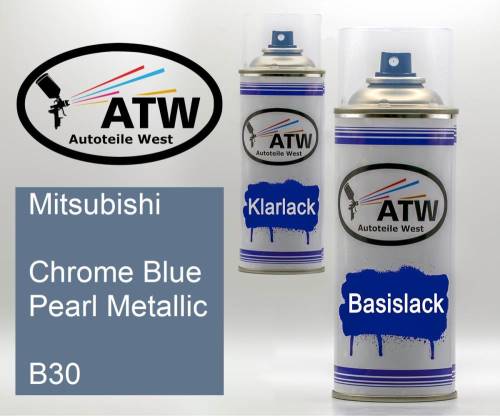 Mitsubishi, Chrome Blue Pearl Metallic, B30: 400ml Sprühdose + 400ml Klarlack - Set, von ATW Autoteile West.